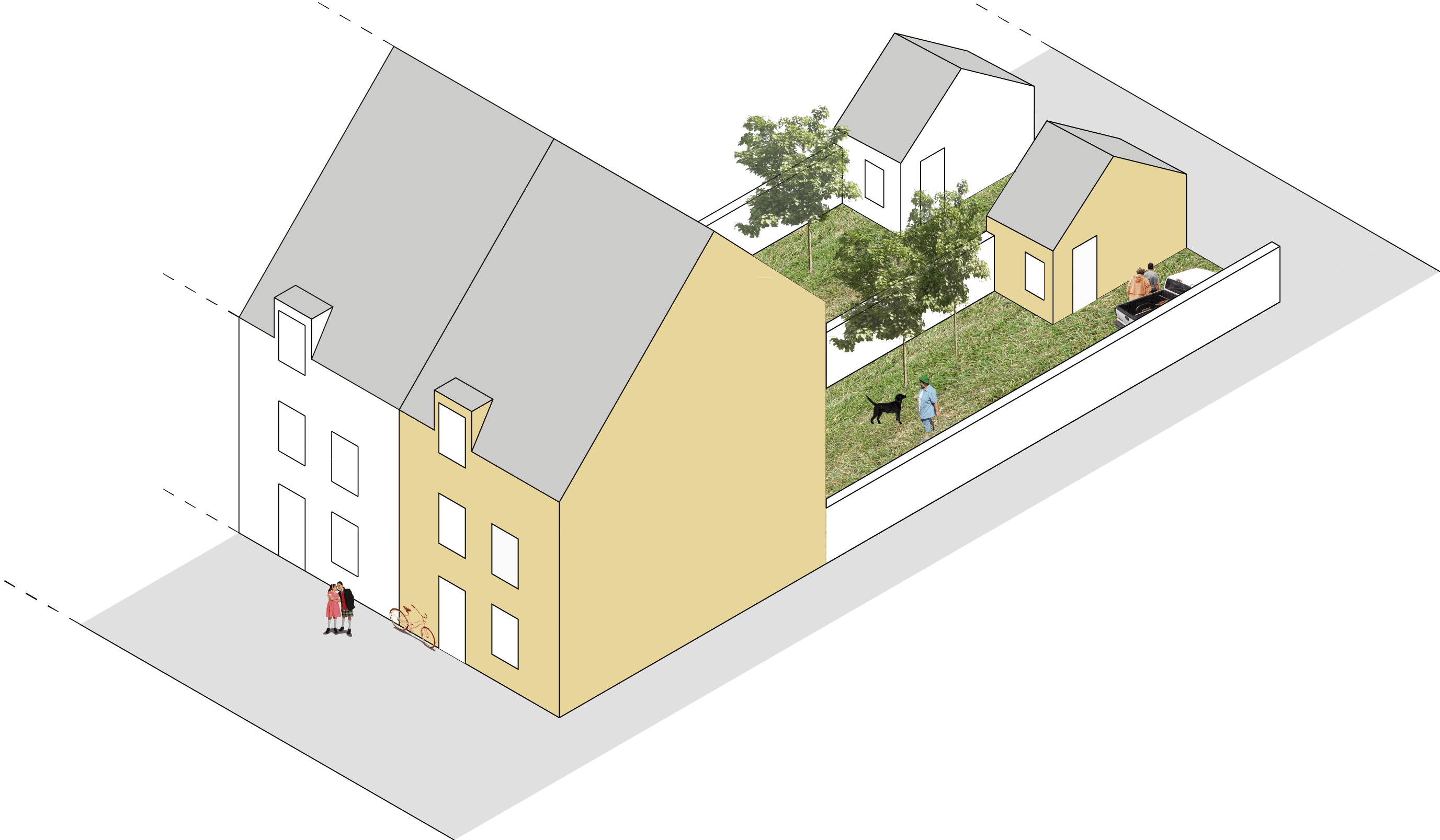 Terraced house axonometric at An Camas Mor, Rothiemurchus, Aviemore, Cairngorms