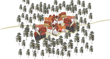 illustration of houses sheltered by trees, An Camas Mor. A new town to twin with Aviemore, Cairngorms National Park