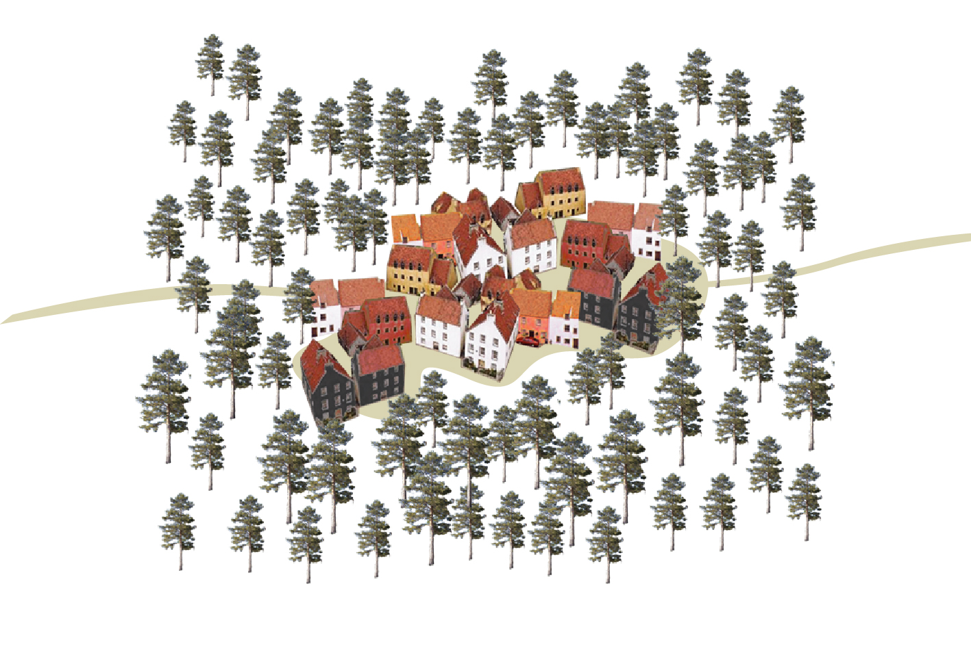 illustration of houses sheltered by trees, An Camas Mor. A new town to twin with Aviemore, Cairngorms National Park